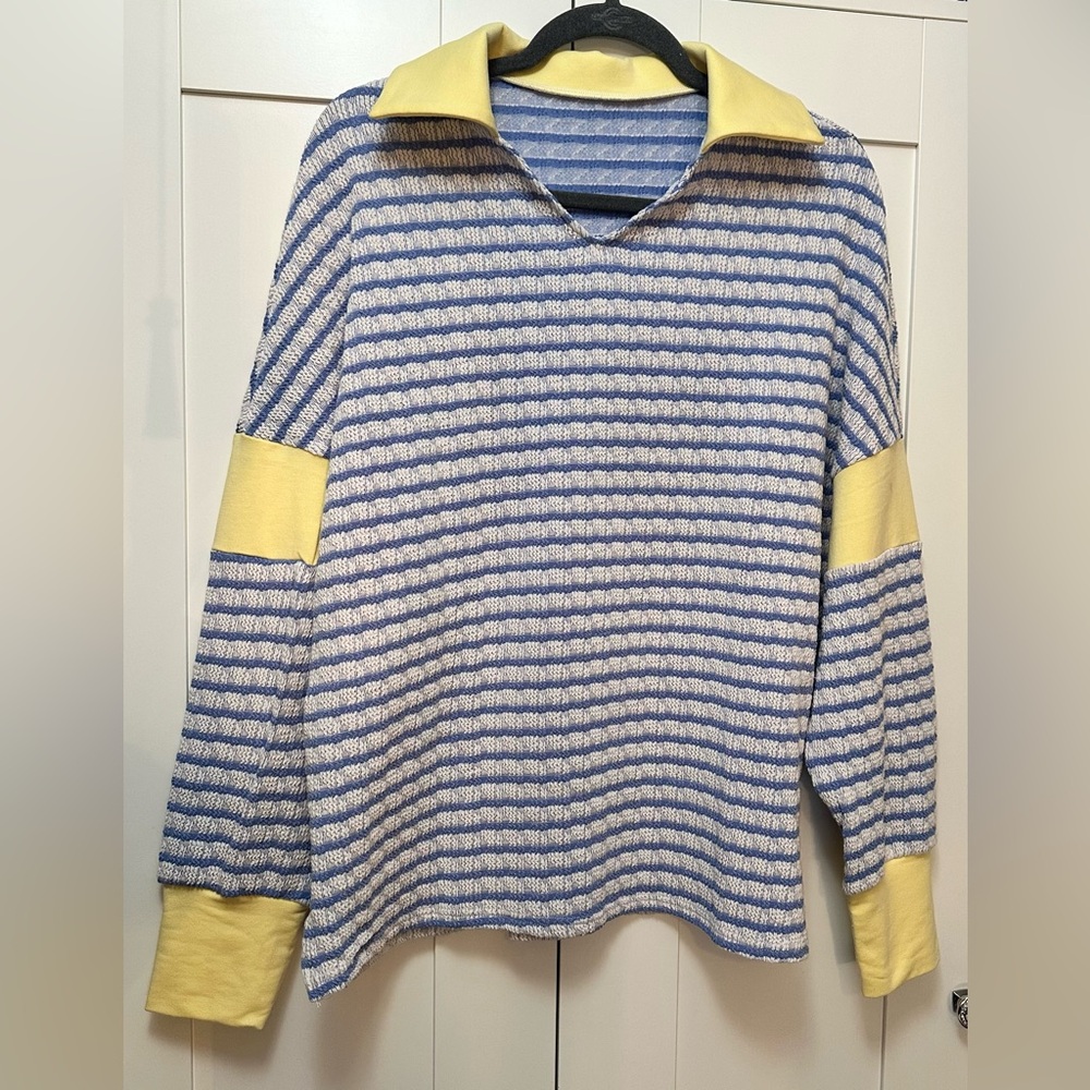 Collared V Neck Sweater With Blue and Yellow Stripes Oversized Sz SM NEW!